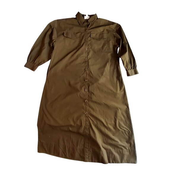 Future Collective Womens Dark Olive Button Shirt Dress XS 100% Recycled Cotton - Picture 1 of 10